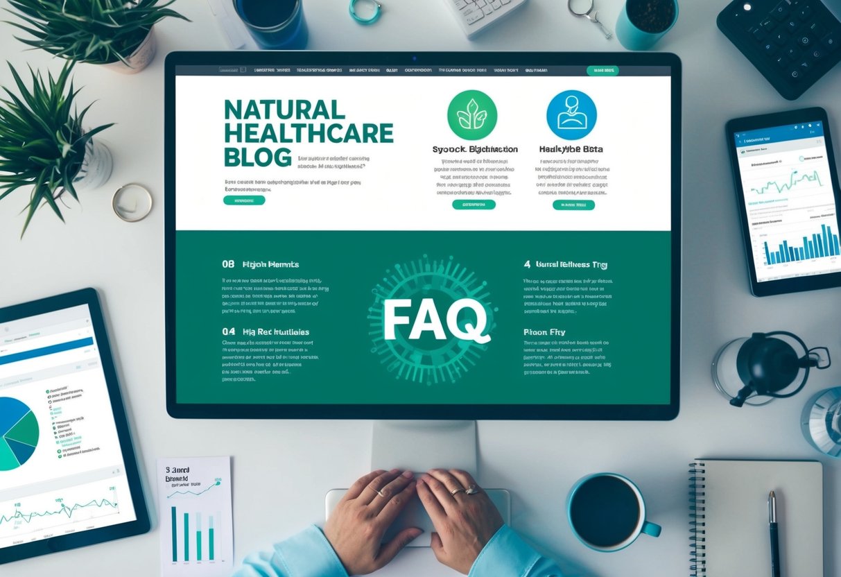 A natural healthcare blog with a FAQ section, featuring topics like holistic remedies, nutrition, and wellness tips, surrounded by search engine optimization tools and analytics data