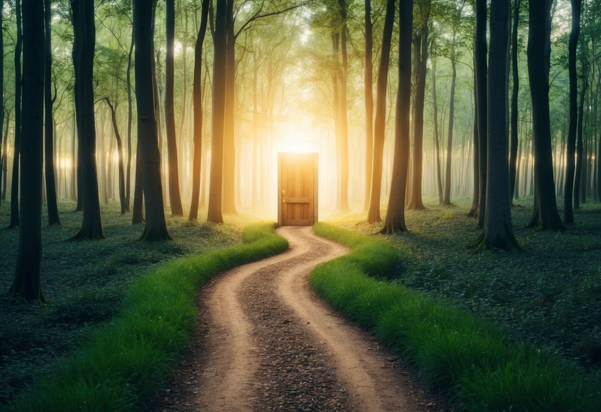 A serene forest with a winding path leading to a glowing doorway, symbolizing the importance of a captivating introduction for a natural healthcare blog