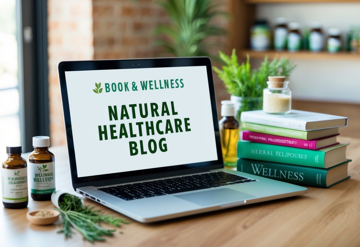 A laptop with a natural healthcare blog open, surrounded by herbal remedies and a stack of books on wellness