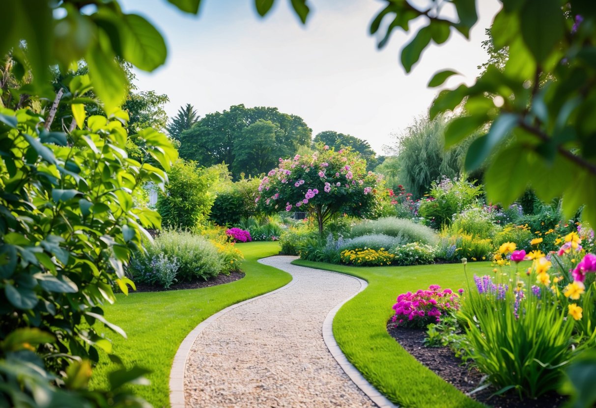 A serene nature scene with a winding path leading to a vibrant garden, surrounded by lush greenery and blooming flowers