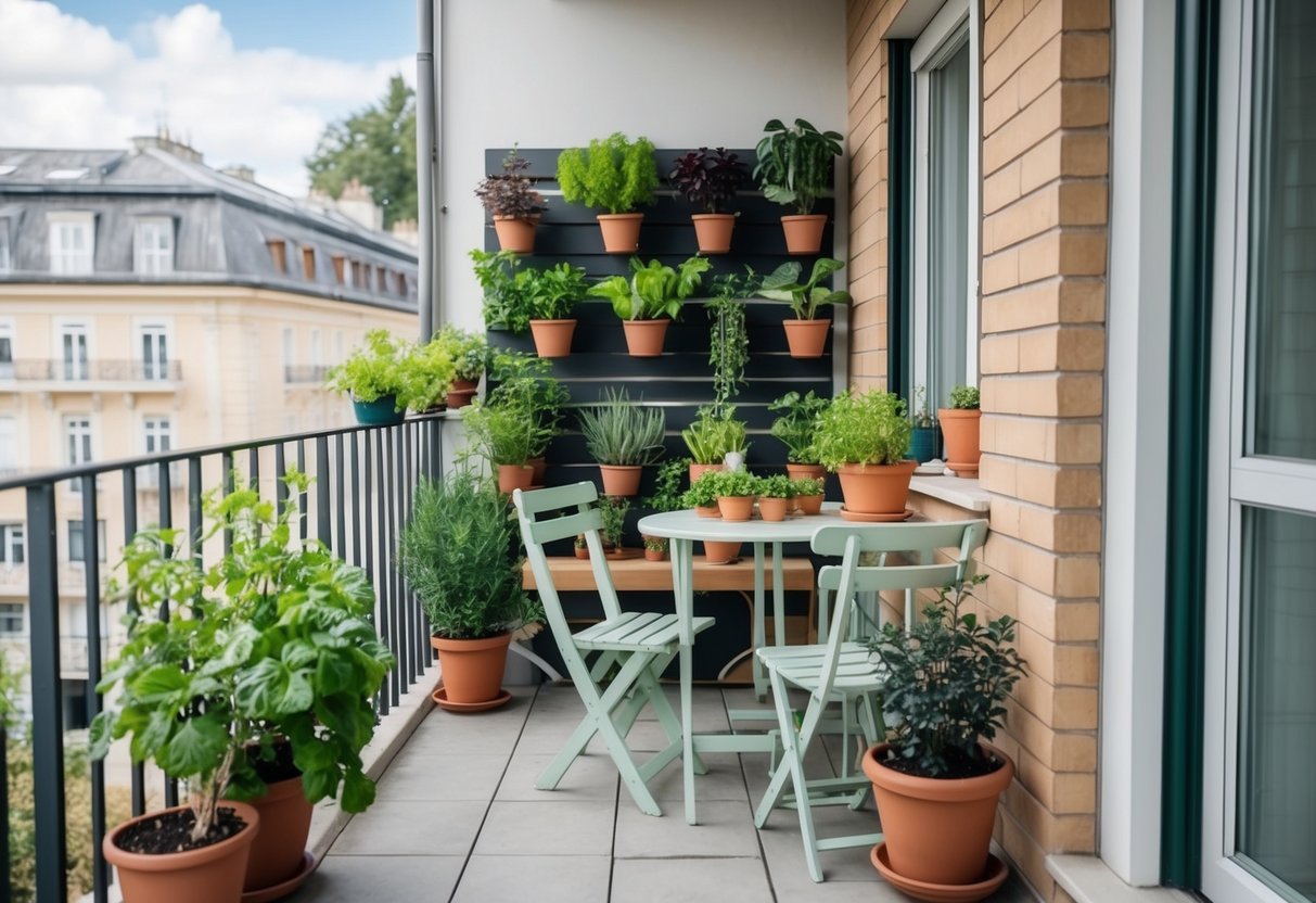 Ein kleiner Balkon mit einer hängenden Kräutermauer, einfachen Möbeln und Topfpflanzen