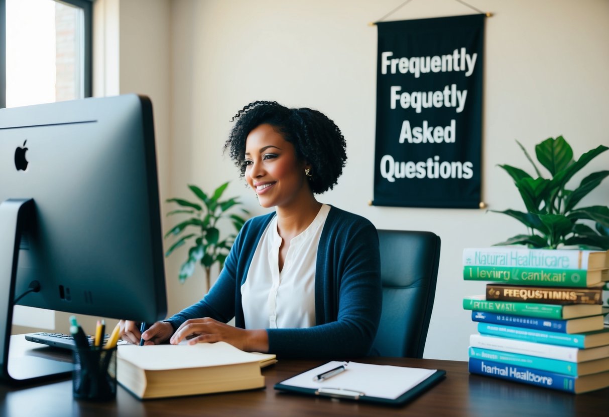 A person writing at a desk with a computer, surrounded by books on natural healthcare. A banner with "Frequently Asked Questions" hangs on the wall