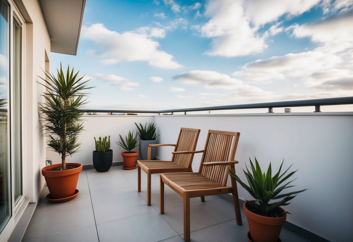 Ein moderner Balkon mit minimalistischen Holzmöbeln und Topfpflanzen