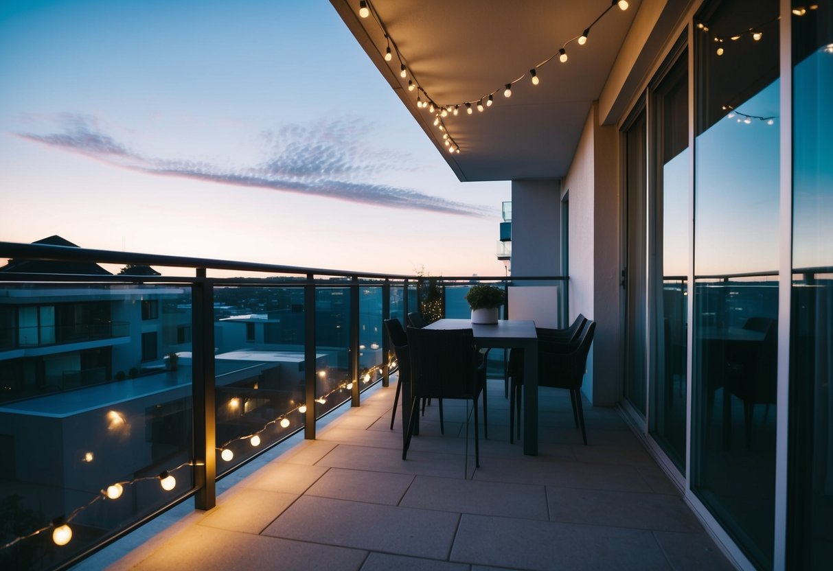 Eine einfache Lichterkette schmückt einen eleganten Balkon mit modernem Mobiliar.