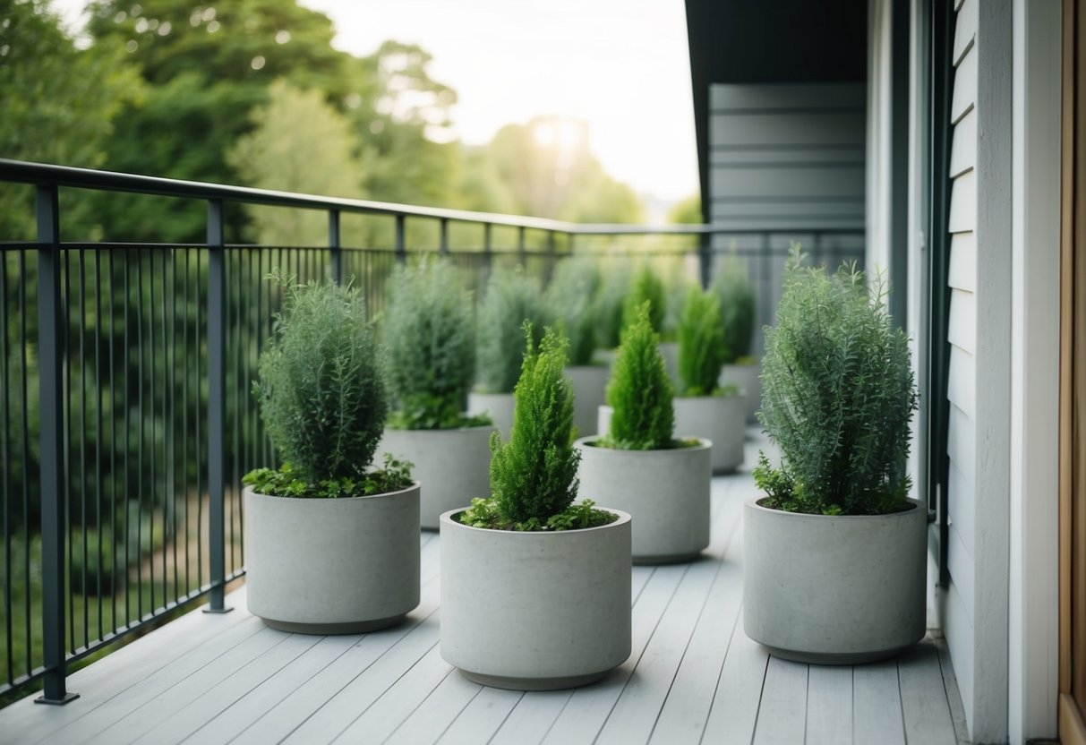 Ein ruhiger Balkon mit 12 minimalistischen Betonpflanzgefäßen, die mit Grünpflanzen gefüllt sind.