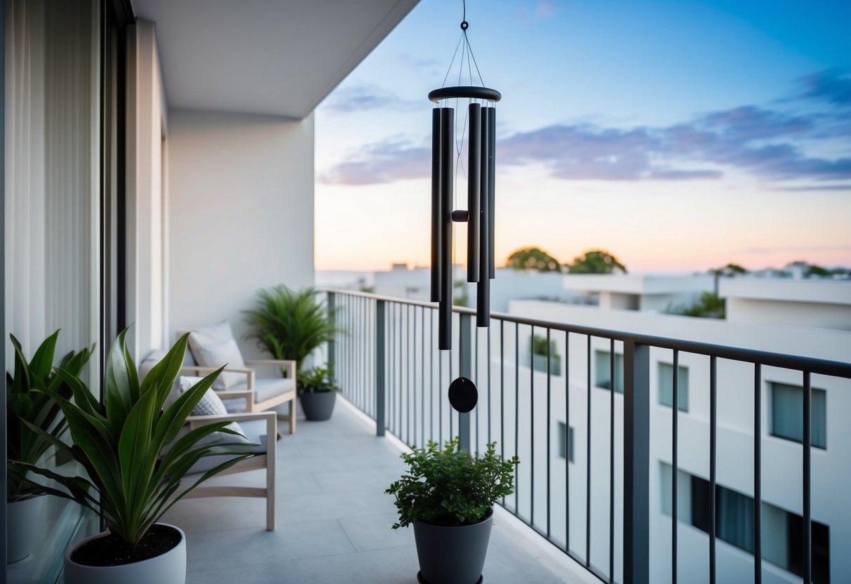 Ein ruhiger Balkon mit modernem, minimalistischem Dekor. Eine elegante Windspiel hängt im Wind, umgeben von Topfpflanzen und einfacher Möbel.