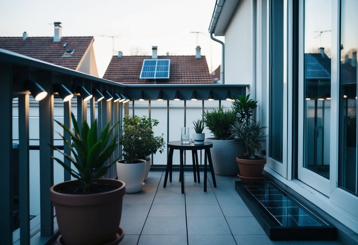 Ein kleiner Balkon mit 12 modernen Solarlichtern, die den Raum beleuchten. Klare Linien, Topfpflanzen und einfache Möbel schaffen eine minimalistische Atmosphäre.