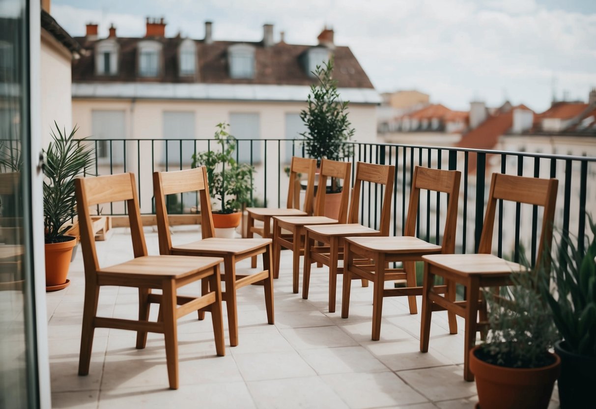 12 minimalistische Holzhocker auf einem Balkon mit Topfpflanzen und einfacher Dekoration