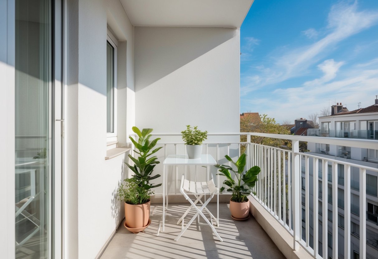 Ein kleiner Balkon mit einfachen, klaren Linien. Einige Topfpflanzen und schlanke, moderne Möbel schaffen einen ruhigen und aufgeräumten Raum.