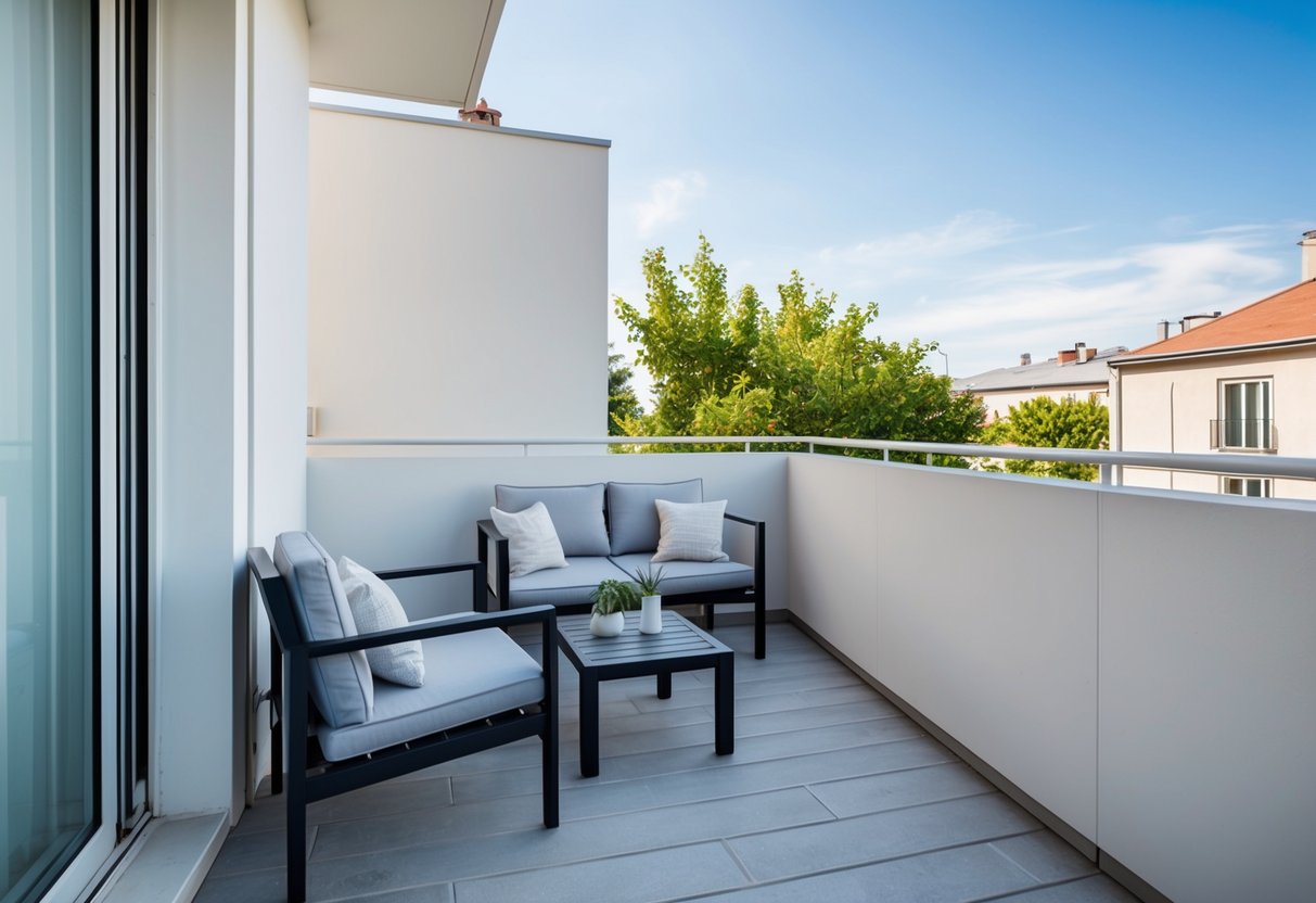 Ein kleiner Balkon mit eleganten Möbeln und minimaler Dekoration. Klare Linien und neutrale Farben schaffen einen ruhigen und aufgeräumten Raum.