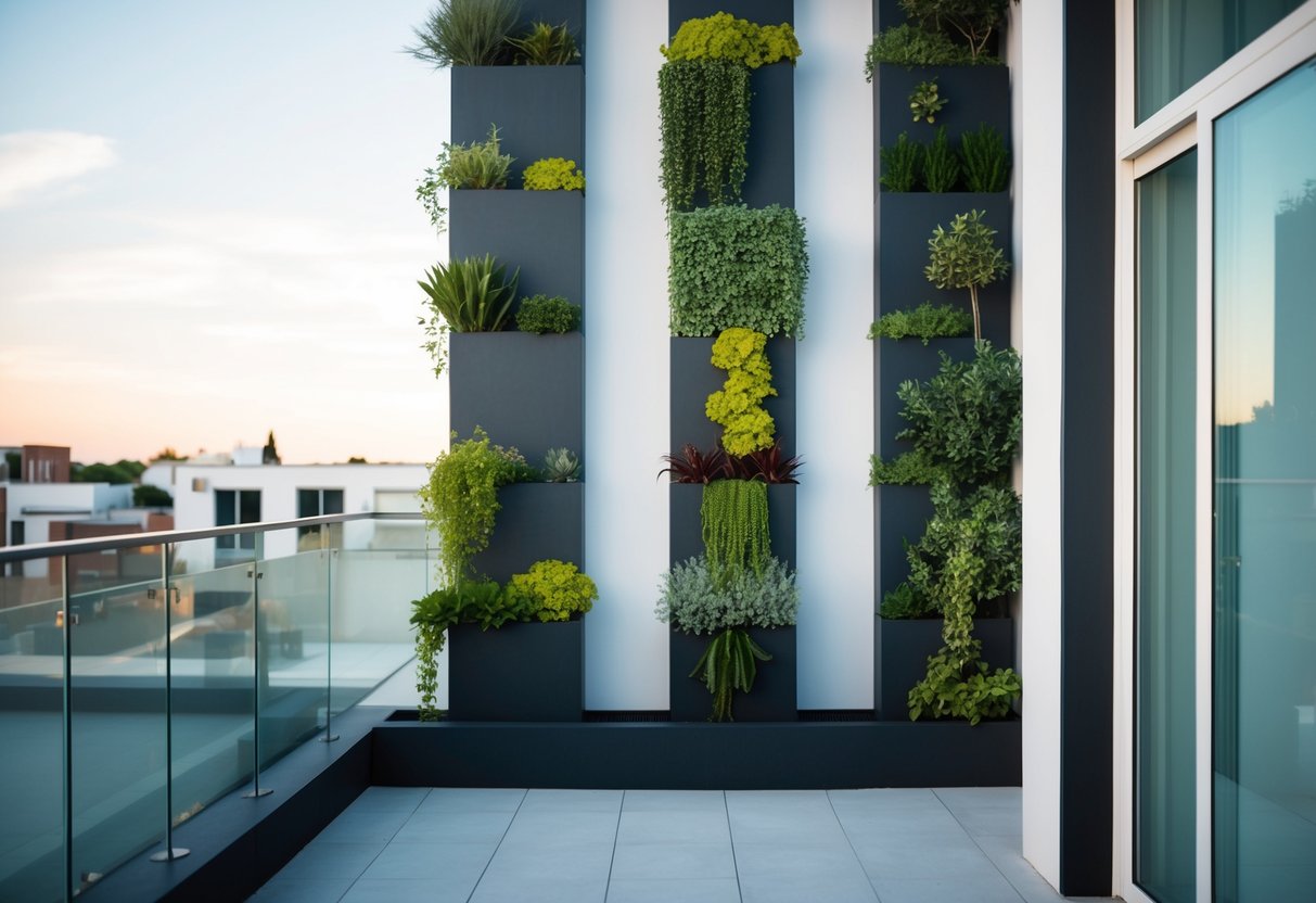 Eine minimalistische Terrasse mit 15 vertikalen Gärten, schlankem Design und klaren Linien