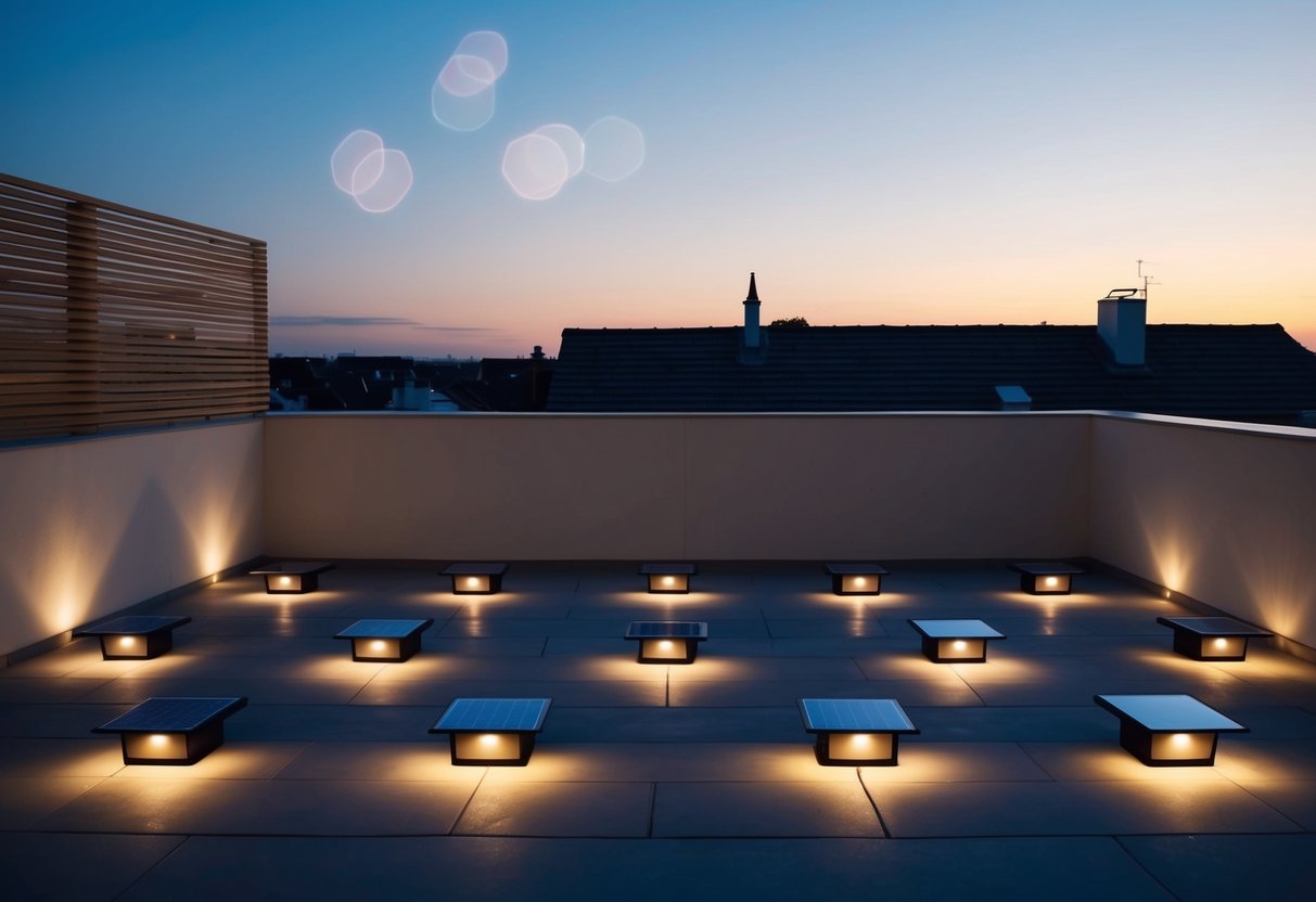 Eine moderne Terrasse mit 15 Solarlampen, die das minimalistische Design beleuchten