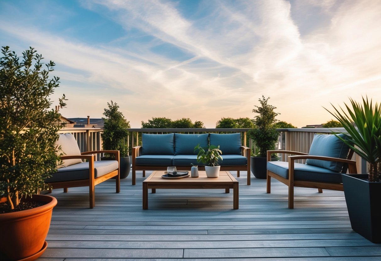 Eine moderne Holzterrasse mit eleganten Möbeln und Topfpflanzen