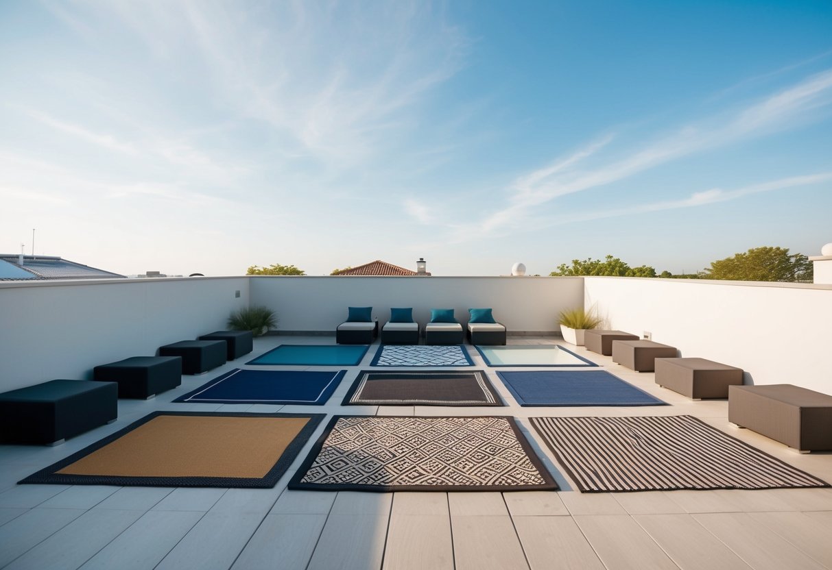 Eine minimalistische Terrassenfläche im Freien mit 15 verschiedenen Outdoor-Teppichen, die in einem stilvollen und modernen Design angeordnet sind.