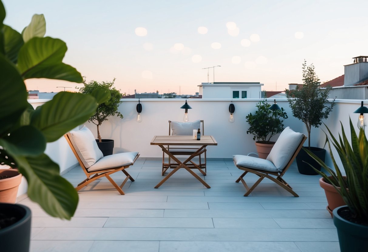 Eine minimalistische Terrasse mit faltbaren Möbeln und klaren Linien, umgeben von Topfpflanzen und sanfter Beleuchtung