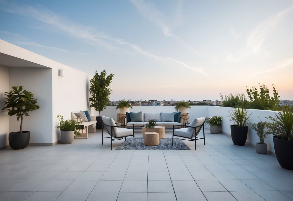 Eine ruhige, minimalistische Terrasse mit klaren Linien, Topfpflanzen und eleganten Möbeln, akzentuiert mit geometrischen Mustern und natürlichen Materialien.