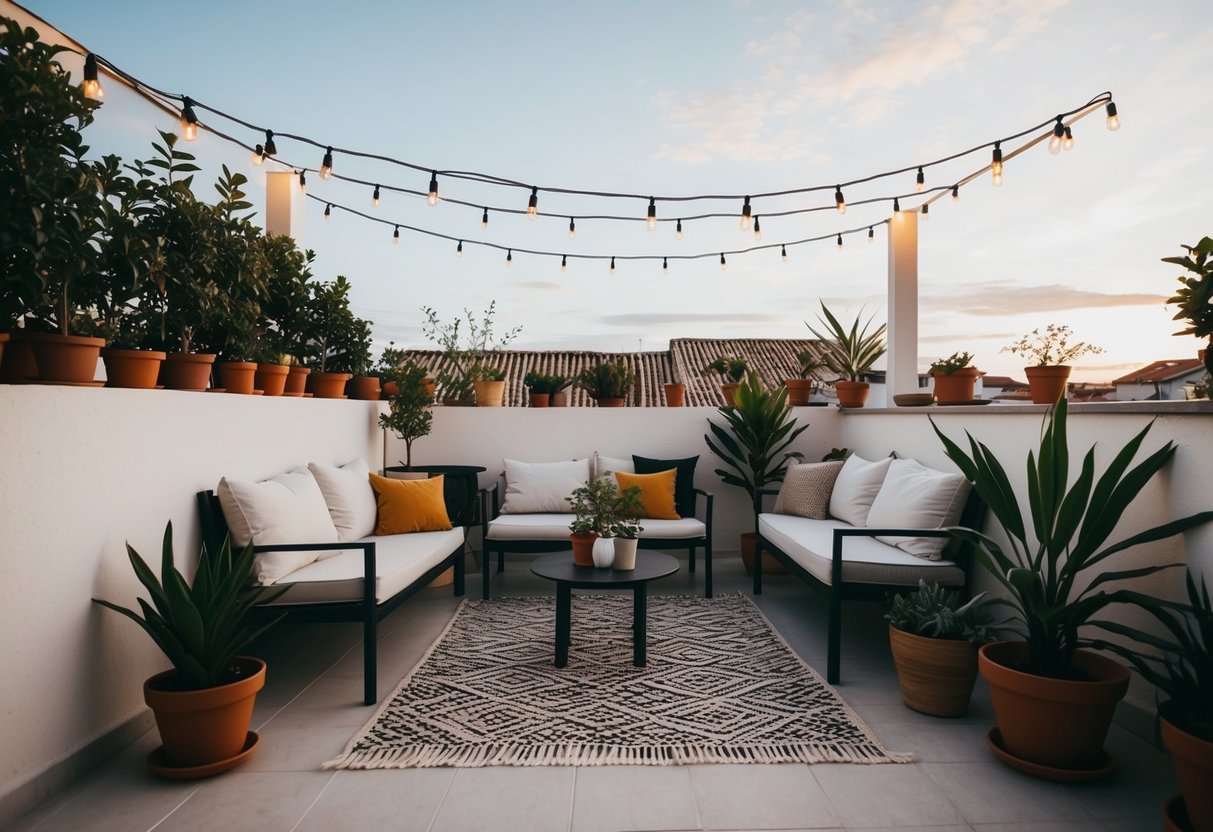 Eine gemütliche minimalistische Terrasse, geschmückt mit Lichterketten und Topfpflanzen