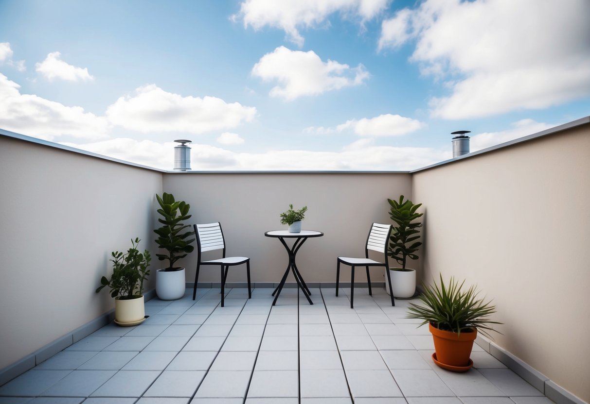 Eine einfache, moderne Terrasse mit neutralen Farben und klaren Linien. Ein kleiner Tisch und Stühle, Topfpflanzen und ein schlankes, aufgeräumtes Design.