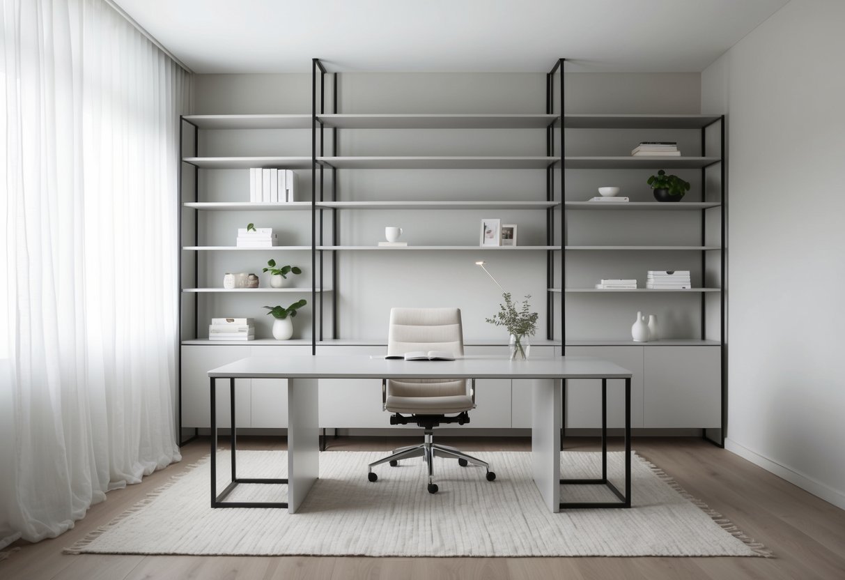 Ein minimalistisches Homeoffice mit 10 eleganten, modernen Regaleinheiten. Klare Linien, neutrale Farben und einfache Dekoration schaffen eine ruhige Arbeitsumgebung.