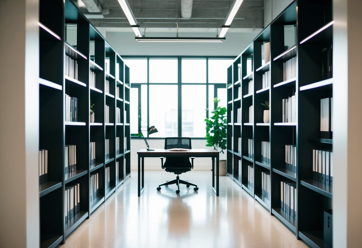 Ein modernes Büro mit eleganten Industrie-Bücherregalen, minimalistischer Dekoration und natürlicher Beleuchtung