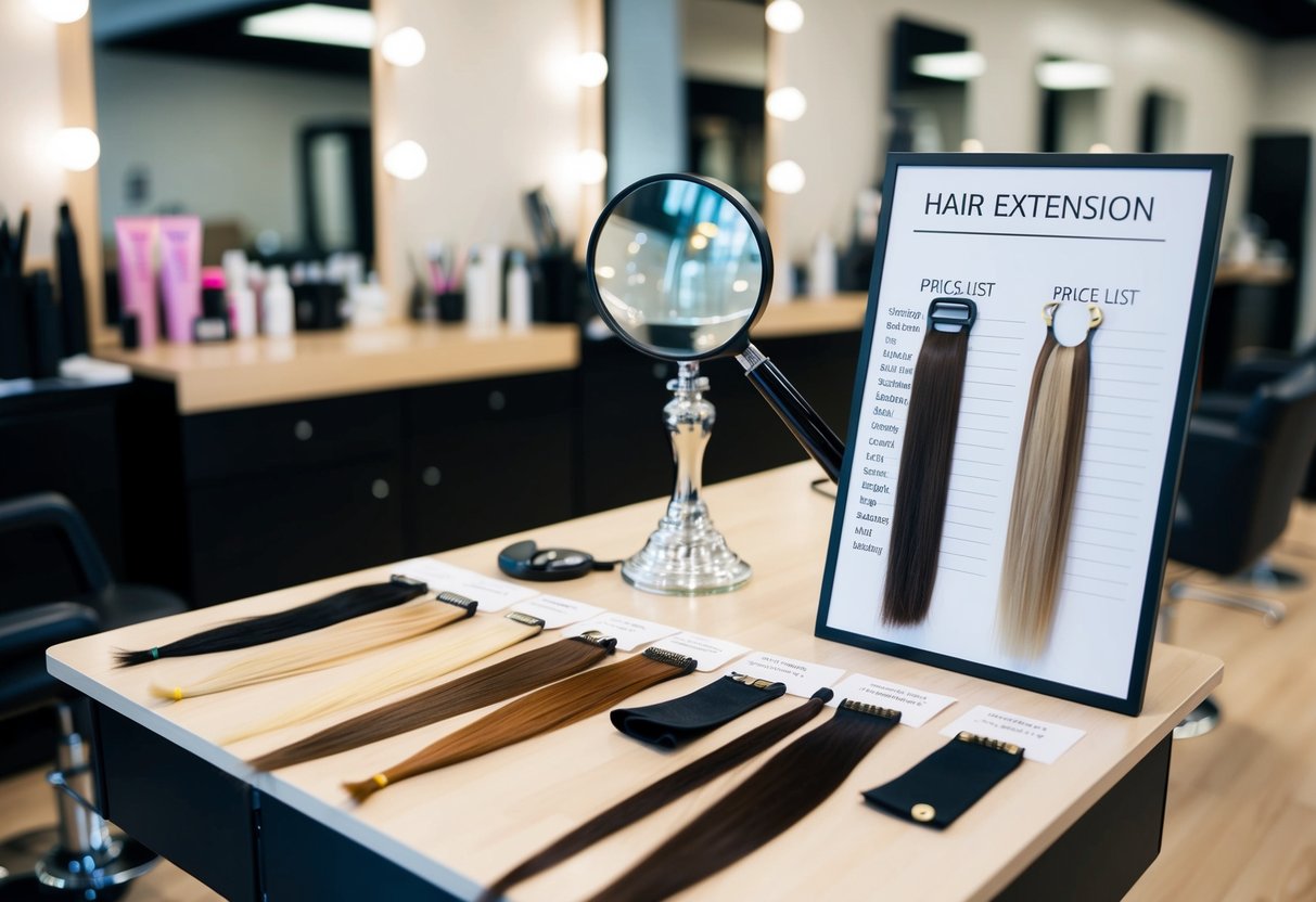 Une table de salon avec divers échantillons d'extensions de cheveux et une liste de prix affichée, à côté d'une loupe examinant un attachement à nano-anneau.