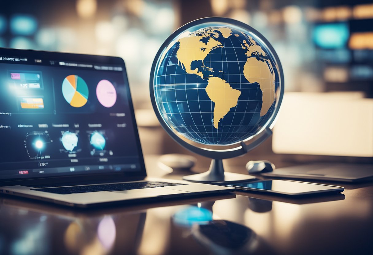 Un globo rodeado de dispositivos digitales, con un gráfico que muestra la recesión económica y el auge de los negocios en línea