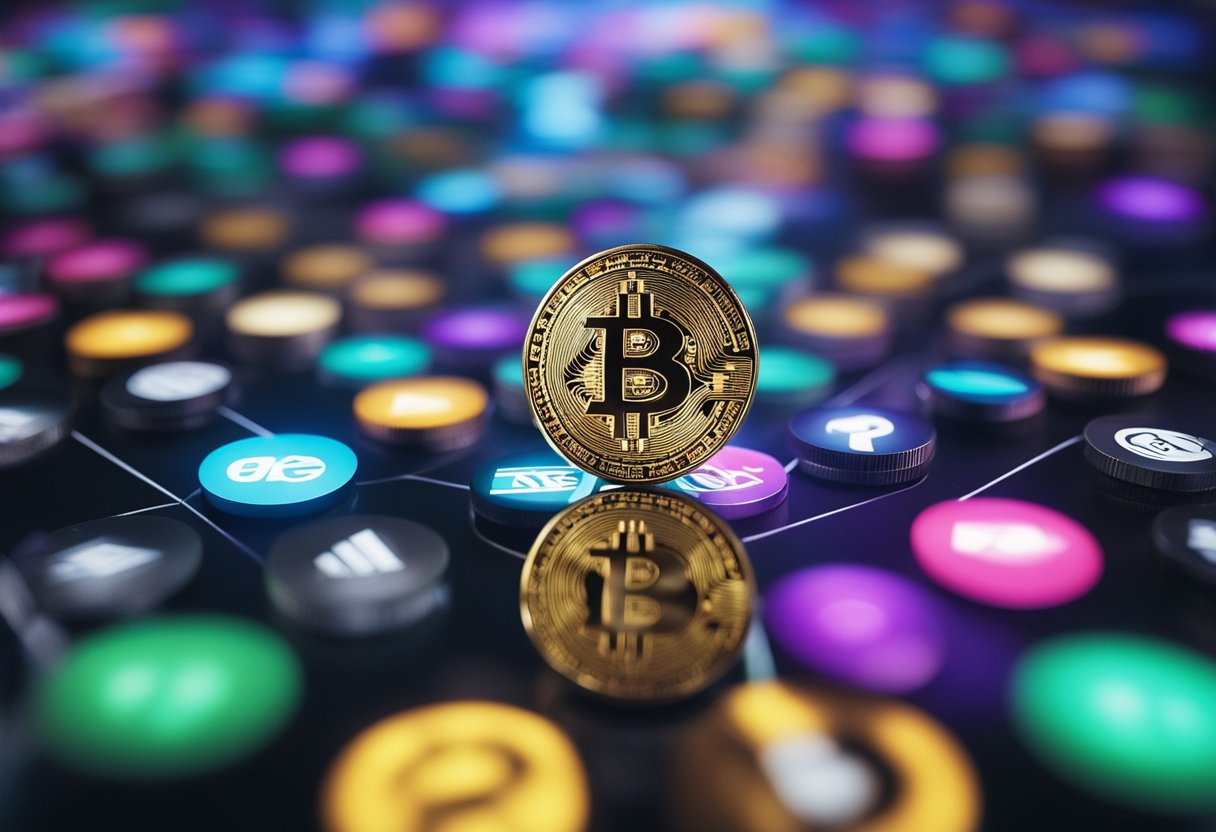 Un bullicioso mercado en línea en medio de una tormentosa economía global, con transacciones de criptomonedas y negocios digitales prosperando