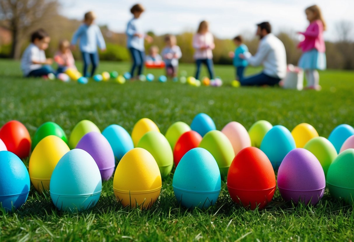 A group of colorful Easter eggs scattered across a green grassy field, with children playing games and families having a picnic in the background