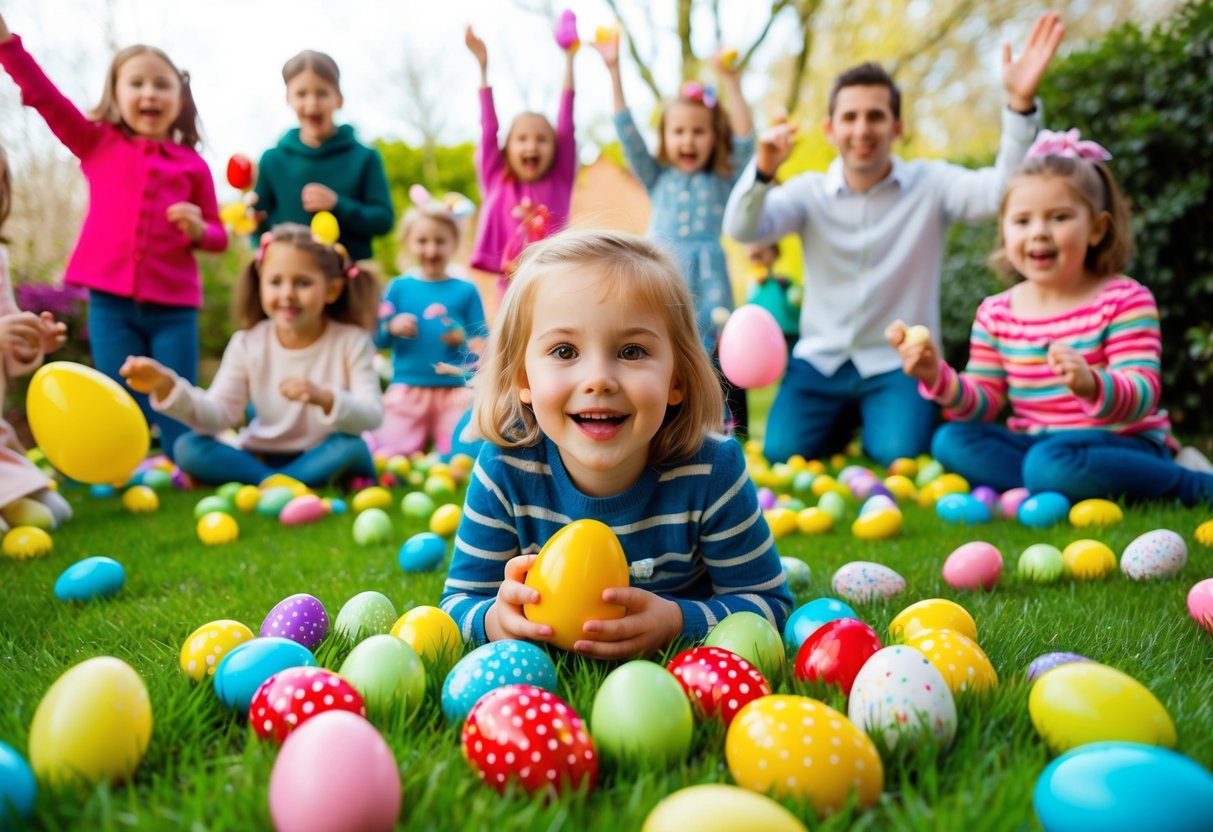 A colorful garden filled with hidden Easter eggs, surrounded by excited children and families enjoying various festive activities
