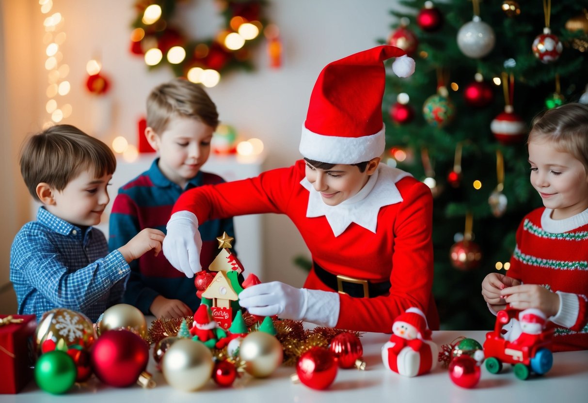 An elf on a shelf arranging festive decorations with children, surrounded by toys and Christmas ornaments