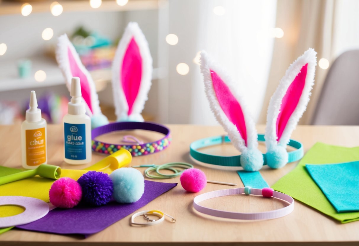 A table with craft supplies: colorful felt, glue, headbands, and fluffy pom poms. A finished pair of bunny ears sits nearby