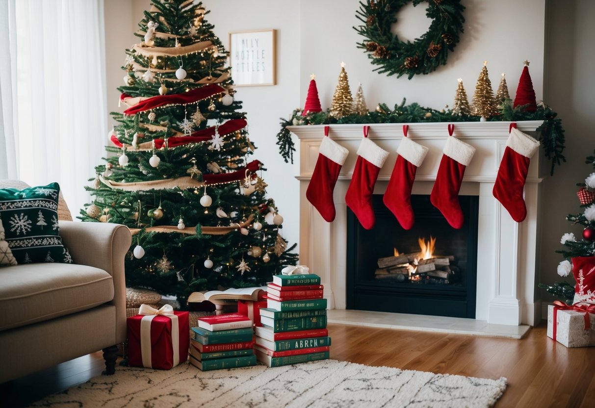A cozy living room with a decorated Christmas tree, stockings hanging by the fireplace, and a pile of festive books ready for a holiday countdown