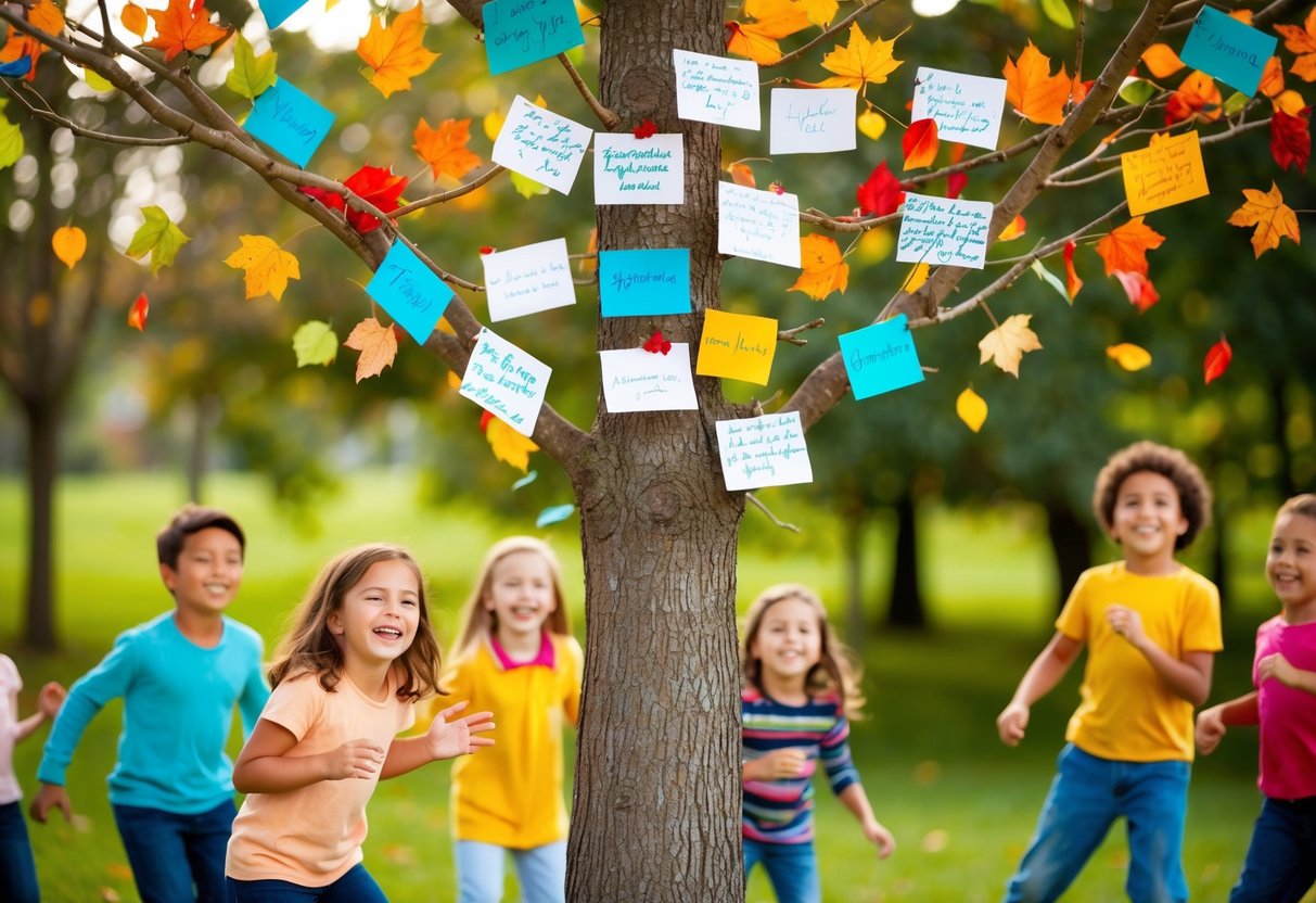 A tree with colorful leaves and branches adorned with handwritten notes of gratitude, surrounded by happy children playing and laughing