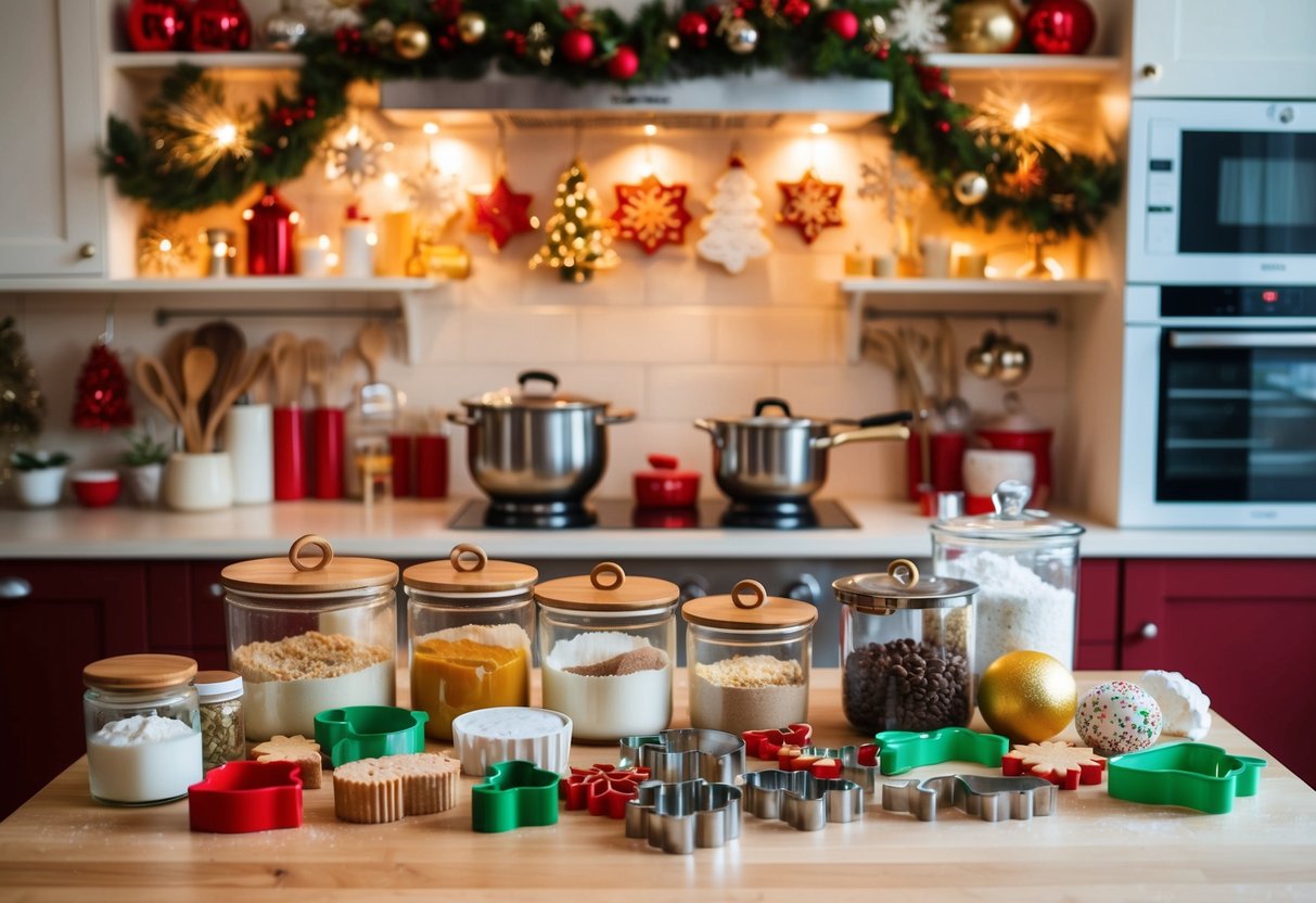 A cozy kitchen filled with festive decorations, a variety of baking ingredients, and an array of holiday-themed cookie cutters and molds