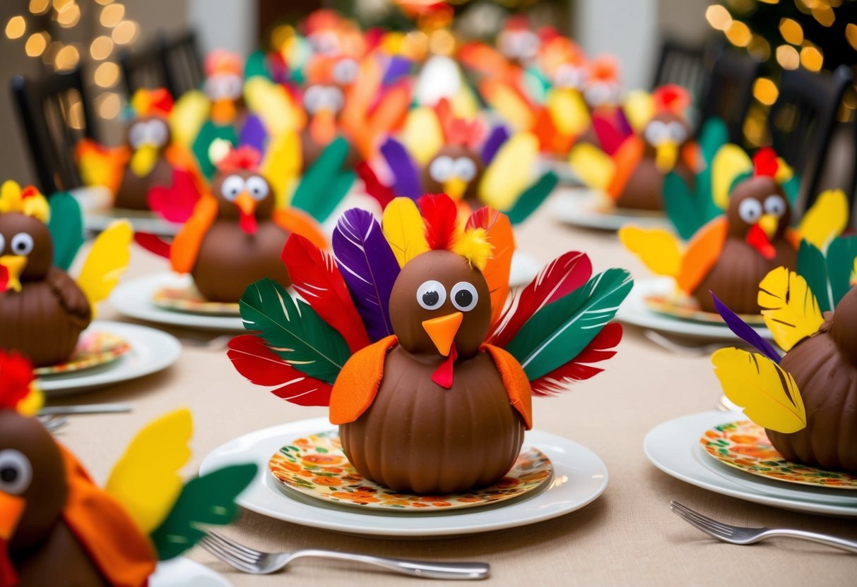 A table filled with colorful handprint turkeys, each uniquely decorated with feathers, googly eyes, and other festive elements