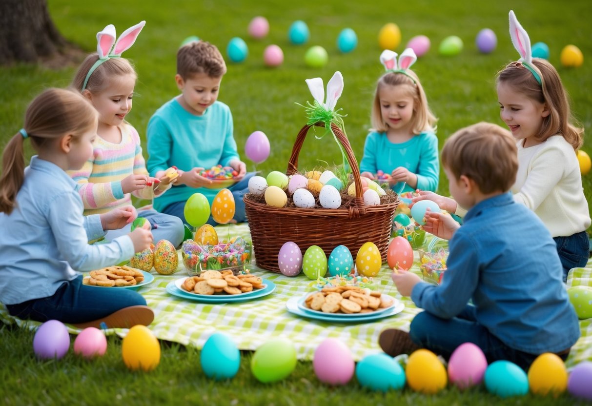 A family picnic set up with Easter-themed snacks and decorations, surrounded by colorful eggs and children playing fun Easter activities