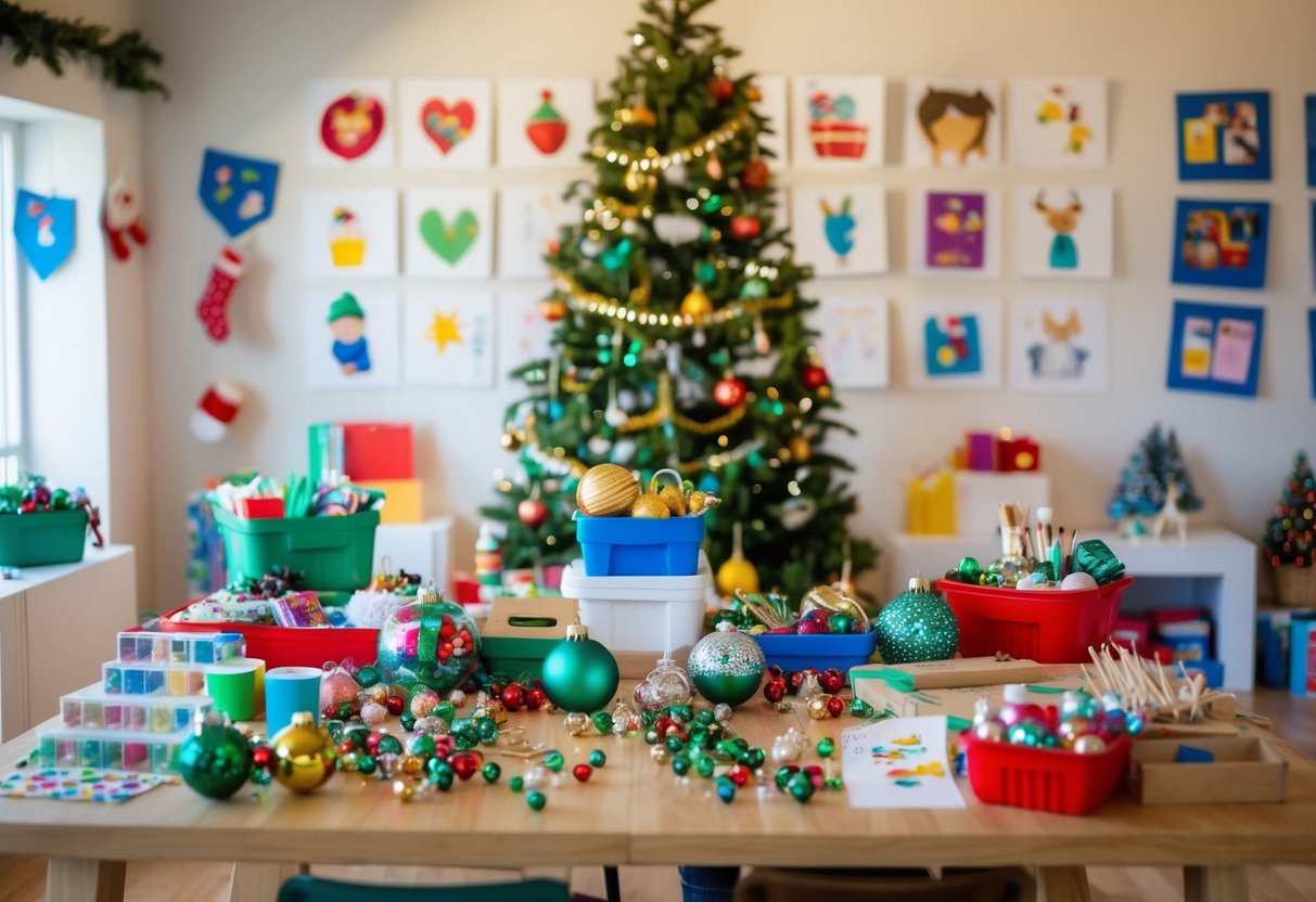 A table covered in craft supplies and ornaments, with children's artwork displayed on the walls. A festive atmosphere with holiday music playing in the background