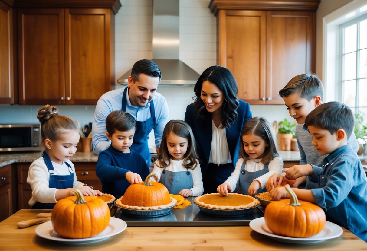 A family kitchen with a pumpkin pie baking station, surrounded by children and parents working together, creating a warm and memorable Thanksgiving atmosphere