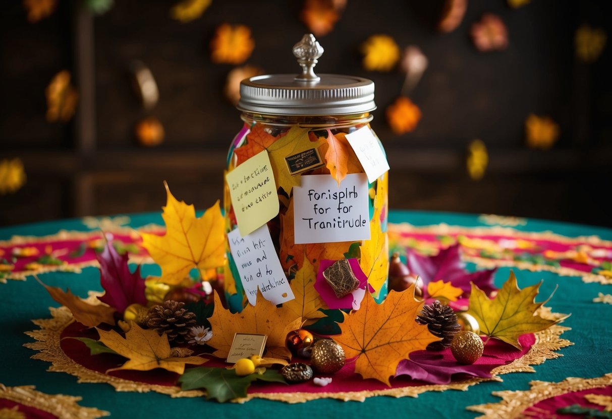 A colorful jar surrounded by autumn leaves, filled with notes of gratitude and small trinkets, sits on a table adorned with a festive tablecloth