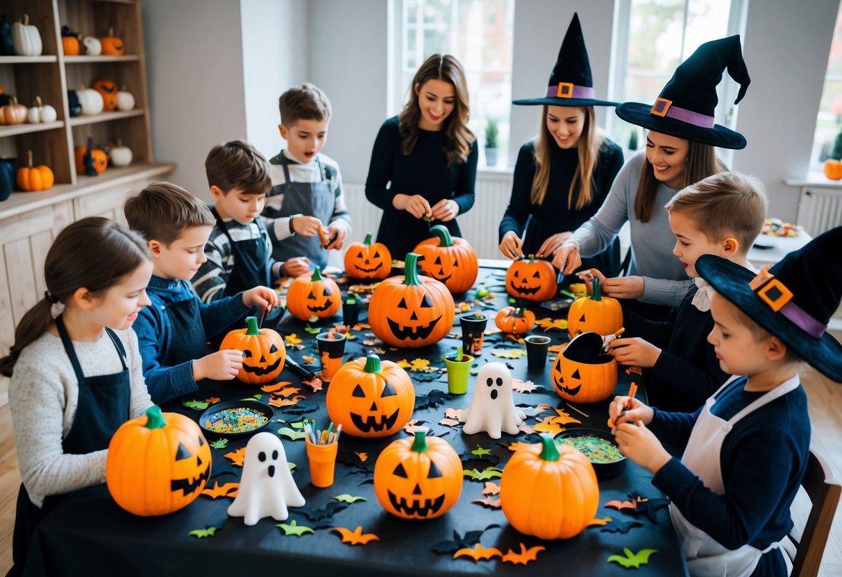 A group of children and adults gather around a table covered in art supplies, creating spooky Halloween decorations together. Pumpkins, bats, ghosts, and witches are being crafted with enthusiasm