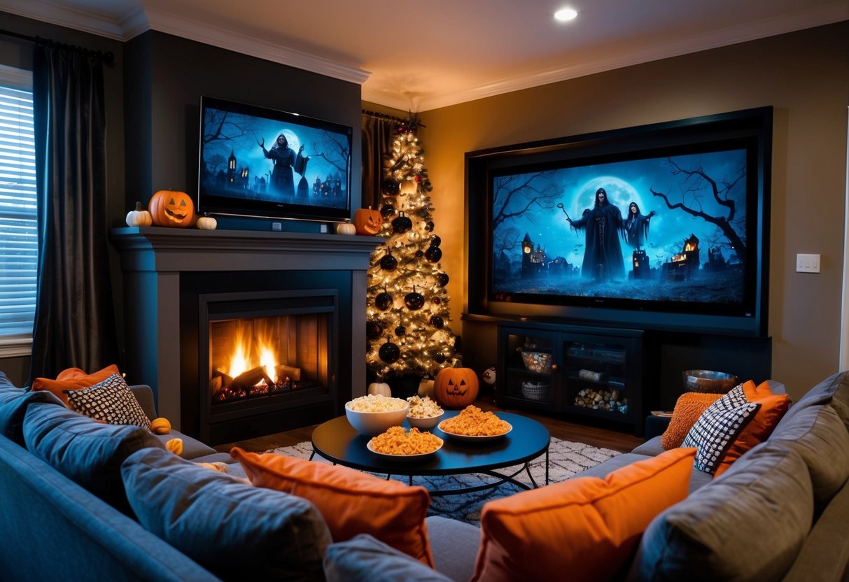 A cozy living room with a glowing fireplace, a big screen showing a spooky movie, surrounded by Halloween decorations and bowls of popcorn and candy