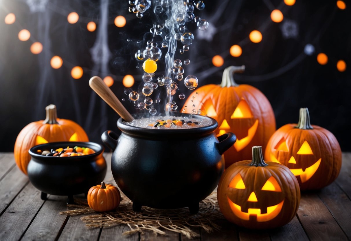 A cauldron bubbles with spooky potion ingredients while a playlist of Halloween tunes plays in the background. A family of carved pumpkins sits nearby