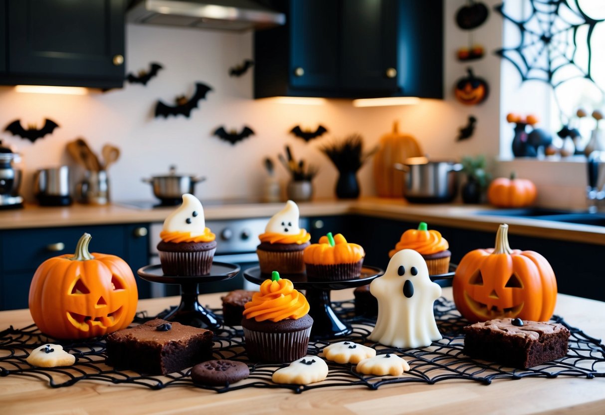 A cozy kitchen filled with Halloween-themed treats, including spooky cupcakes, ghost-shaped cookies, and pumpkin-shaped brownies. Decorations like spiderwebs and bats add to the magical atmosphere