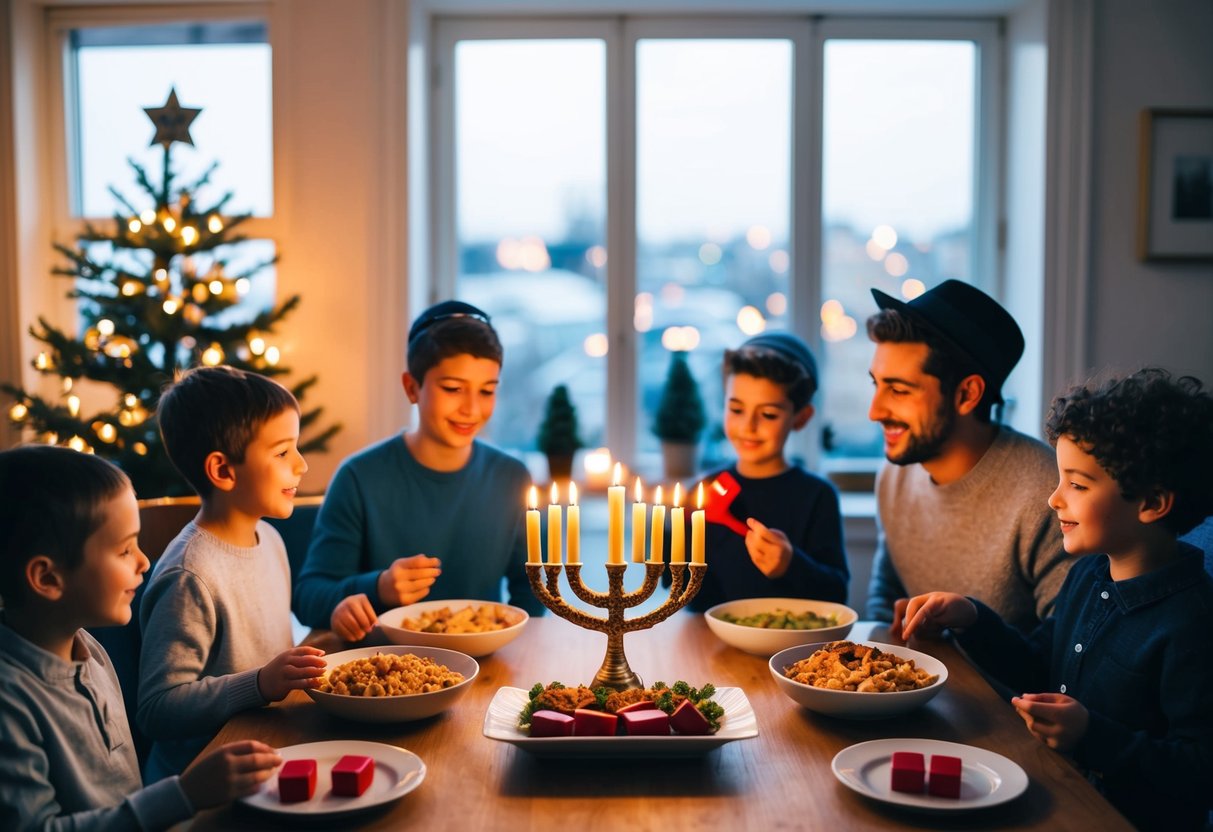 A cozy living room with a menorah glowing in the window, children playing dreidel, and a family gathered around a table enjoying traditional Hanukkah foods