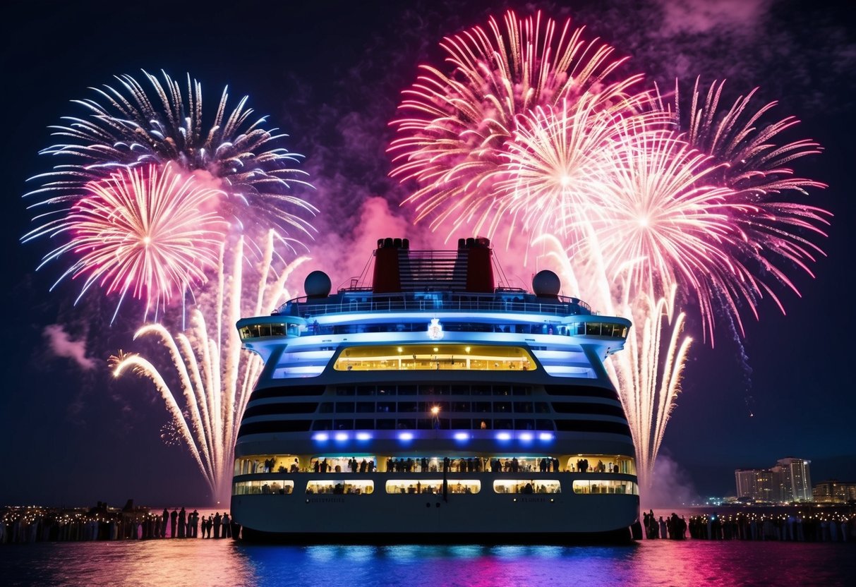 Colorful fireworks lighting up the night sky over a cruise ship filled with families celebrating the Fourth of July