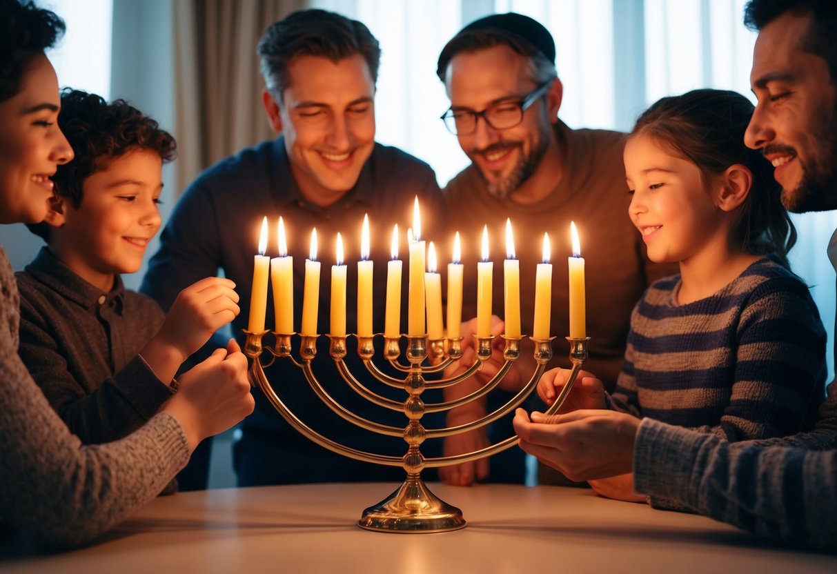 A family gathers around a lit menorah, the warm glow of the candles filling the room with a sense of peace and joy