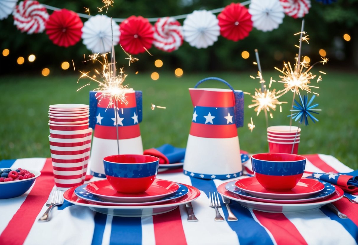 A backyard picnic with red, white, and blue decorations, sparklers, and a patriotic-themed table setting