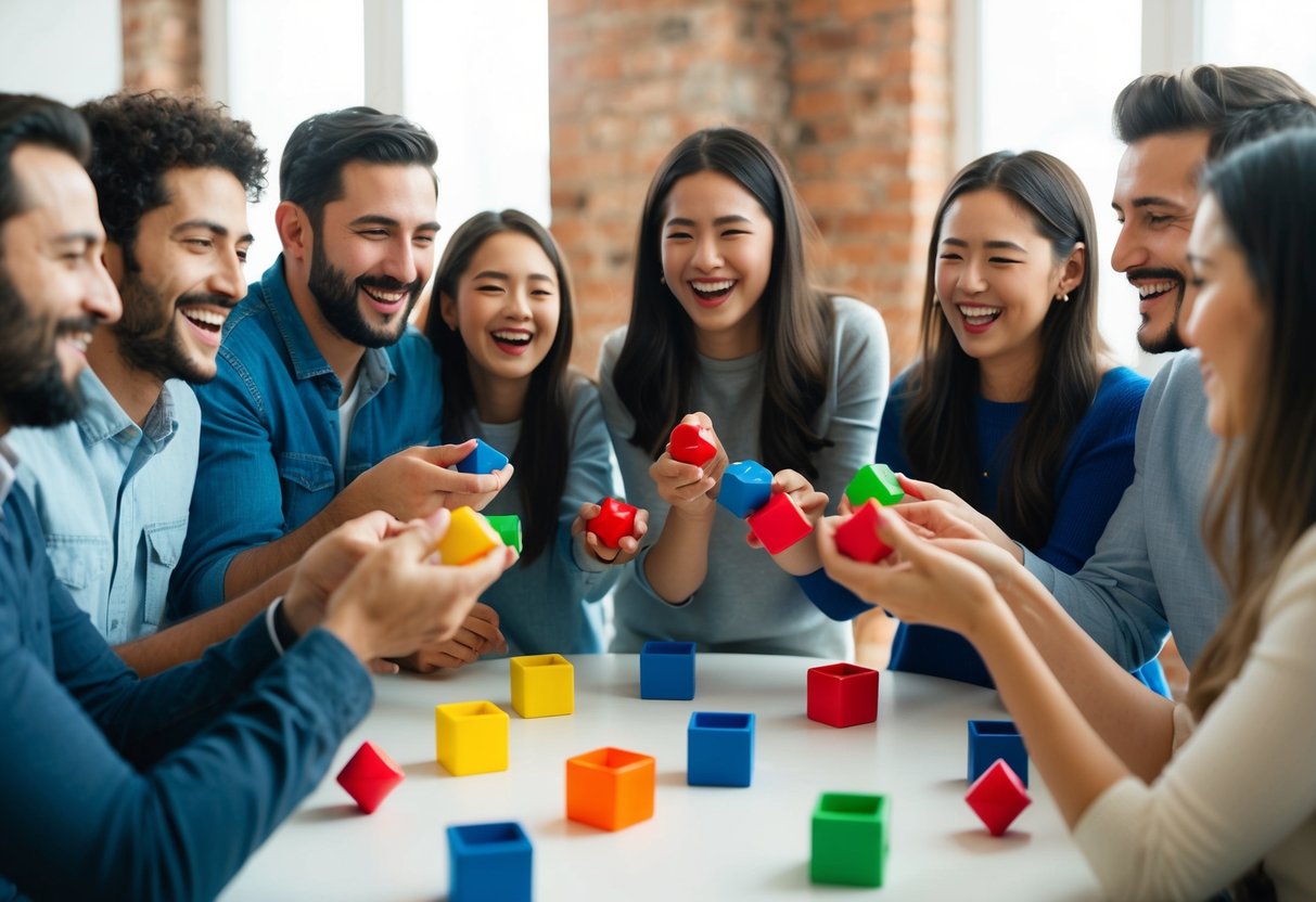 A group of people gather around a table, spinning colorful dreidels and laughing joyfully as they celebrate Hanukkah together