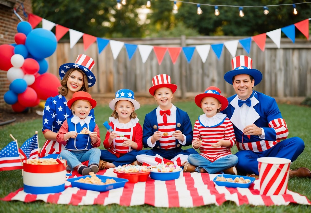 A festive backyard with families in vintage American costumes, surrounded by red, white, and blue decorations, enjoying games and food