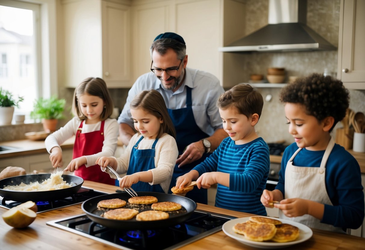 A family gathers in a cozy kitchen, grating potatoes and onions, mixing batter, and frying latkes in sizzling oil. The aroma of crispy, golden pancakes fills the air, as the children eagerly await the delicious Hanukkah treat